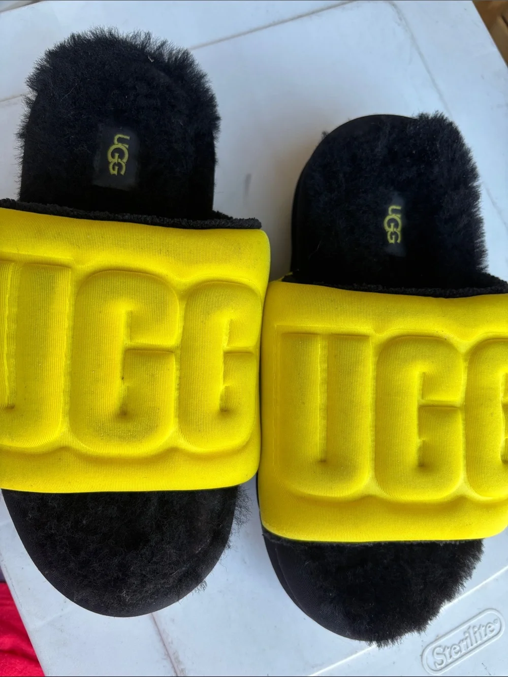 UGG Kids Black and Yellow Fluff Slide Sandals